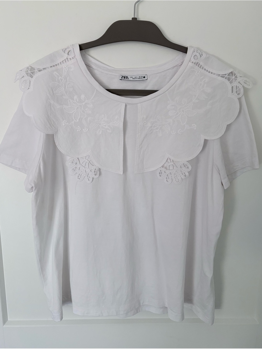 Zara White Peter Pan Embroidered Lace Collar Tee Shirt Top - Large